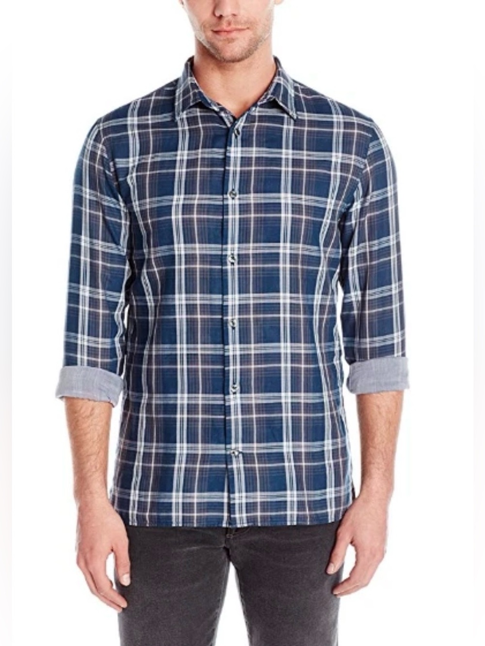 Vince Men’s Melrose Double Weave Plaid Button Down Shirt Indigo Blue XL